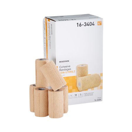 Box of McKesson cohesive bandages with multiple rolls displayed in front on a white background