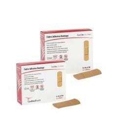 Box of adhesive bandages with a few strips on a white background