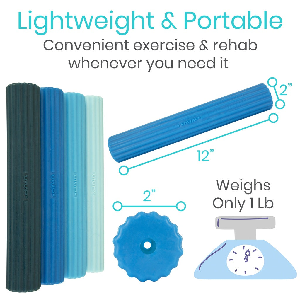 Set of foam rollers and a wheel with text highlighting their lightweight and portable nature.