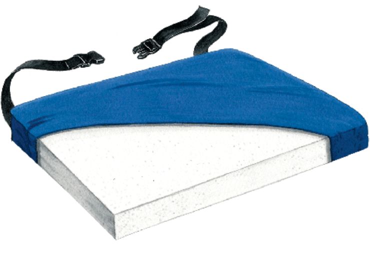 Blue wedge-shaped cushion with a black strap on a white background