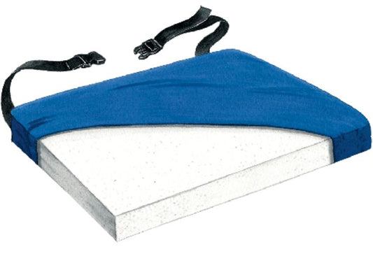 Blue wedge-shaped cushion with a black strap on a white background