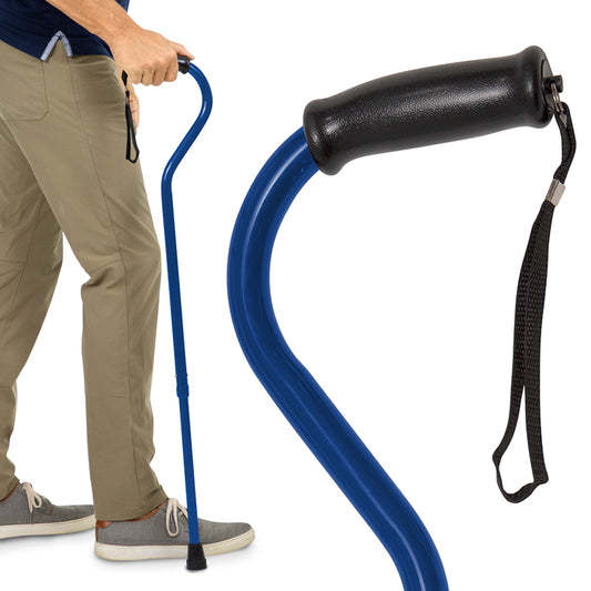 Blue cane with black handle held by a person wearing beige pants and gray shoes on a white background