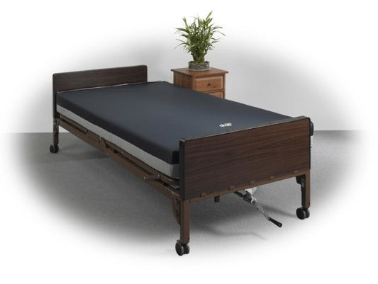 Wooden bed frame with mattress on a white background