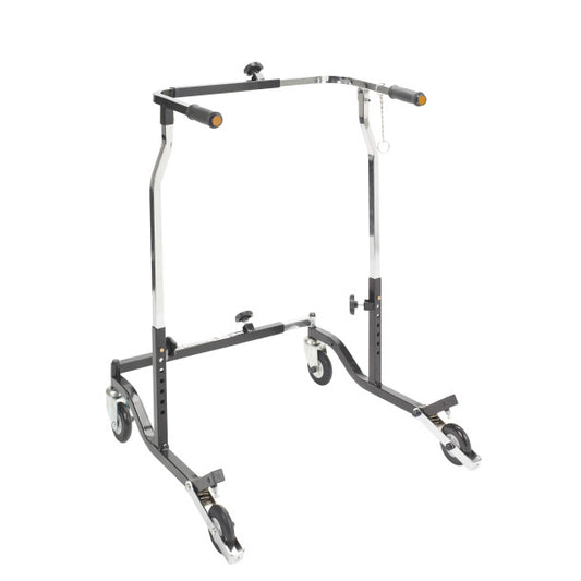 Black metal stand with wheels on a white background