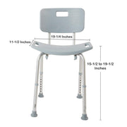 Gray shower chair with measurements on a white background