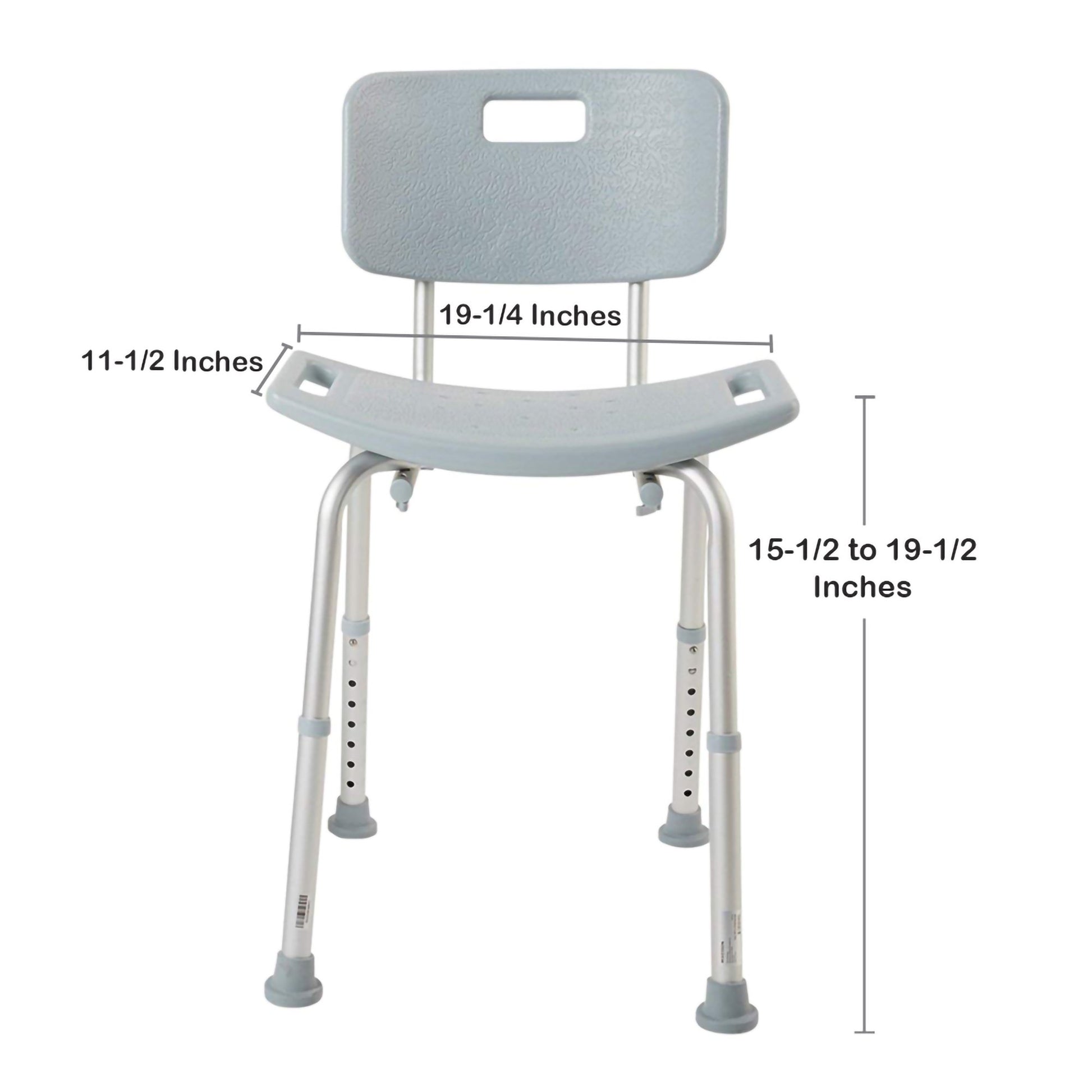 Gray shower chair with measurements on a white background