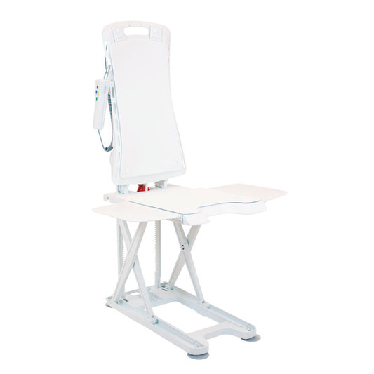 White adjustable chair with a footrest on a white background