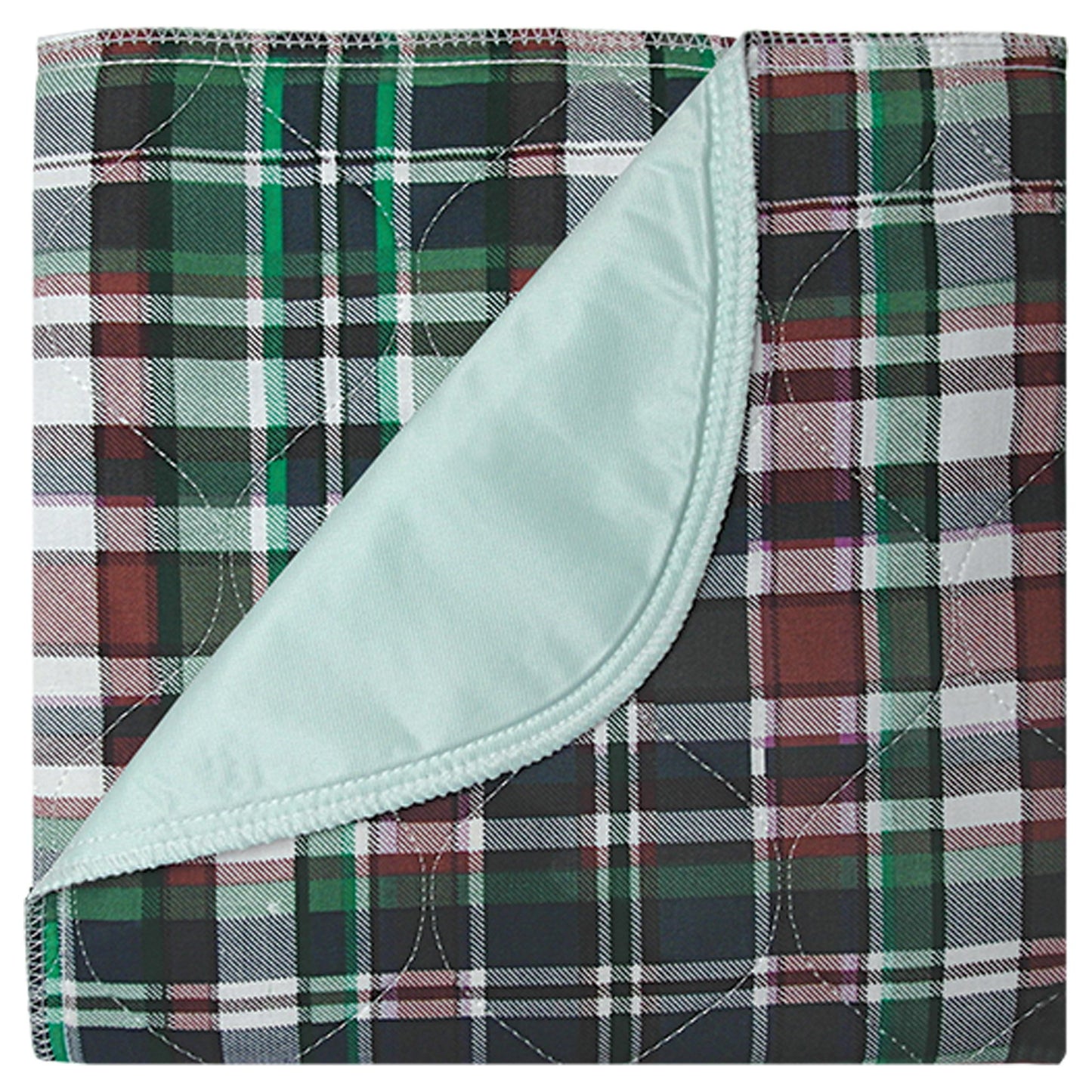 Plaid blanket with a green and red pattern on a white background