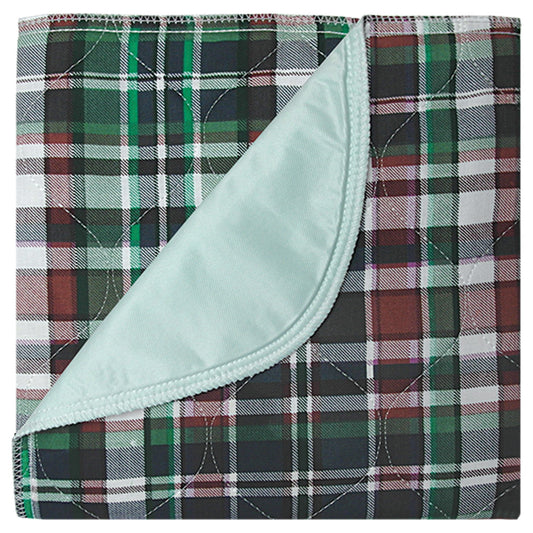 Plaid blanket with a green and red pattern on a white background