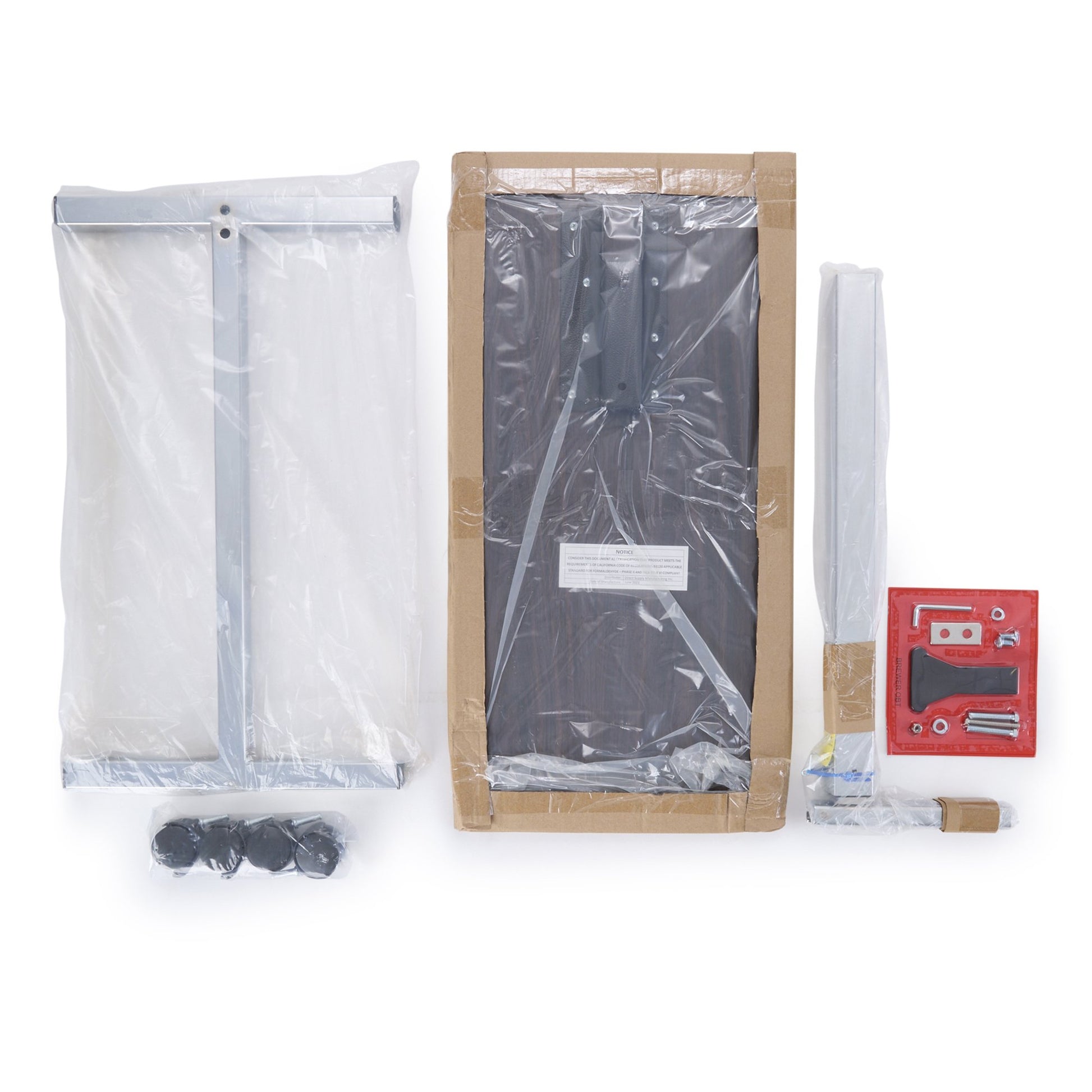 Unassembled furniture set with packaging and components on a white background