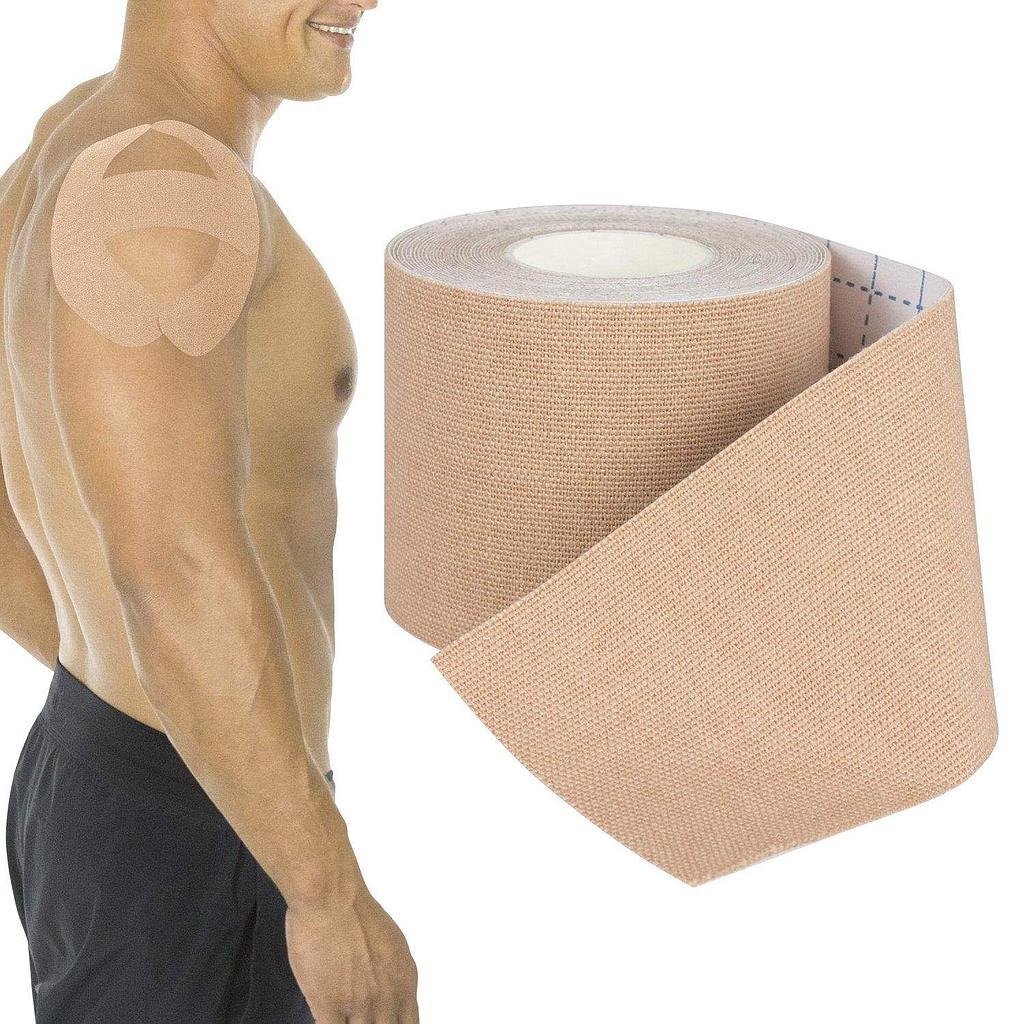 Man with kinesiology tape on shoulder next to a roll of kinesiology tape on a white background