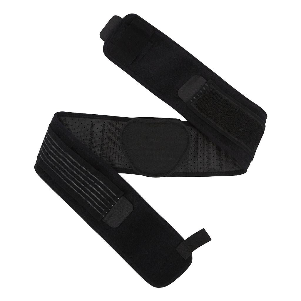 Black athletic belt with textured strap on a white background