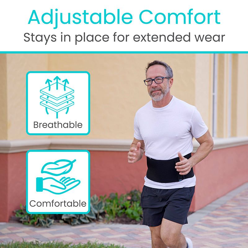 Man running outdoors with text 'Adjustable Comfort' and icons indicating breathable and comfortable features.