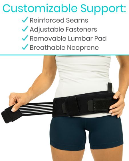 Person wearing a black customizable support belt with text listing features on a white background