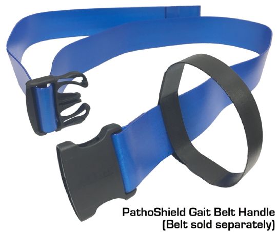 Blue gait belt handle with black buckle on a white background