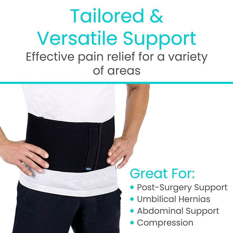 Person wearing a black support belt with text about its uses on a white background