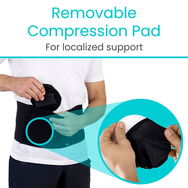 Person wearing a black compression pad with text about removable support