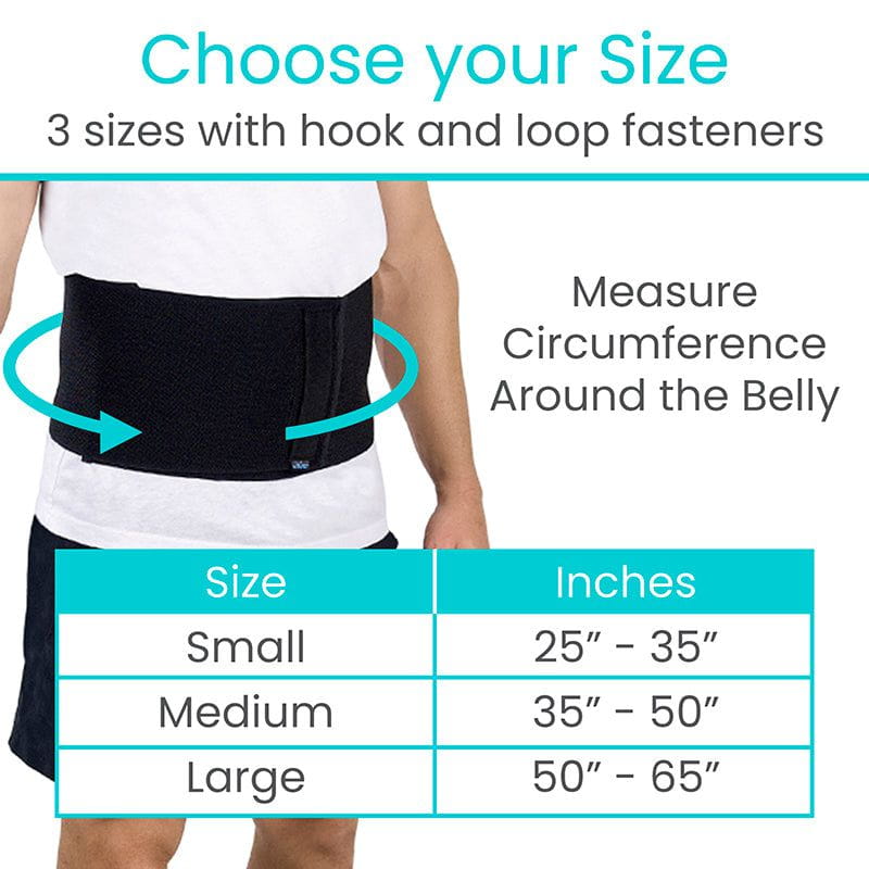 Belly belt size chart with measurements for small, medium, and large sizes.