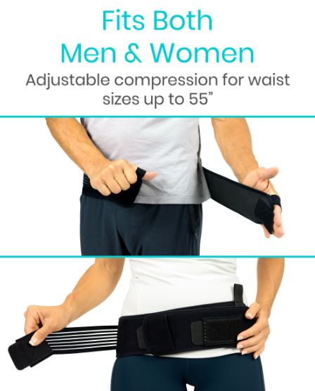 Black compression belt being worn by a person on a white background with text indicating it fits both men and women.