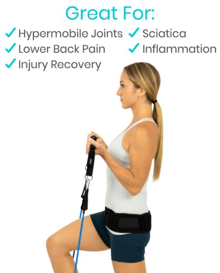 Woman using a resistance band with text indicating its benefits on a white background