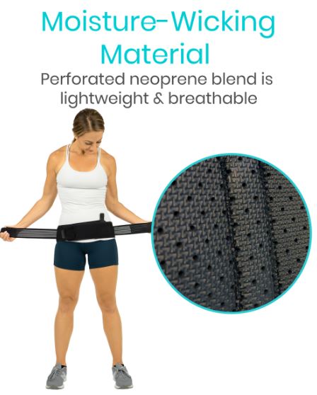 Woman wearing a black resistance band with text about moisture-wicking material on a white background.