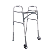 A compact four-wheel walker with a silver metal frame and dark gray handles, wheels, and grips, shown on a plain white background.