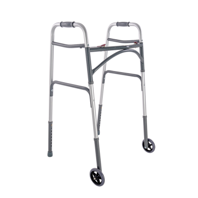 A compact four-wheel walker with a silver metal frame and dark gray handles, wheels, and grips, shown on a plain white background.