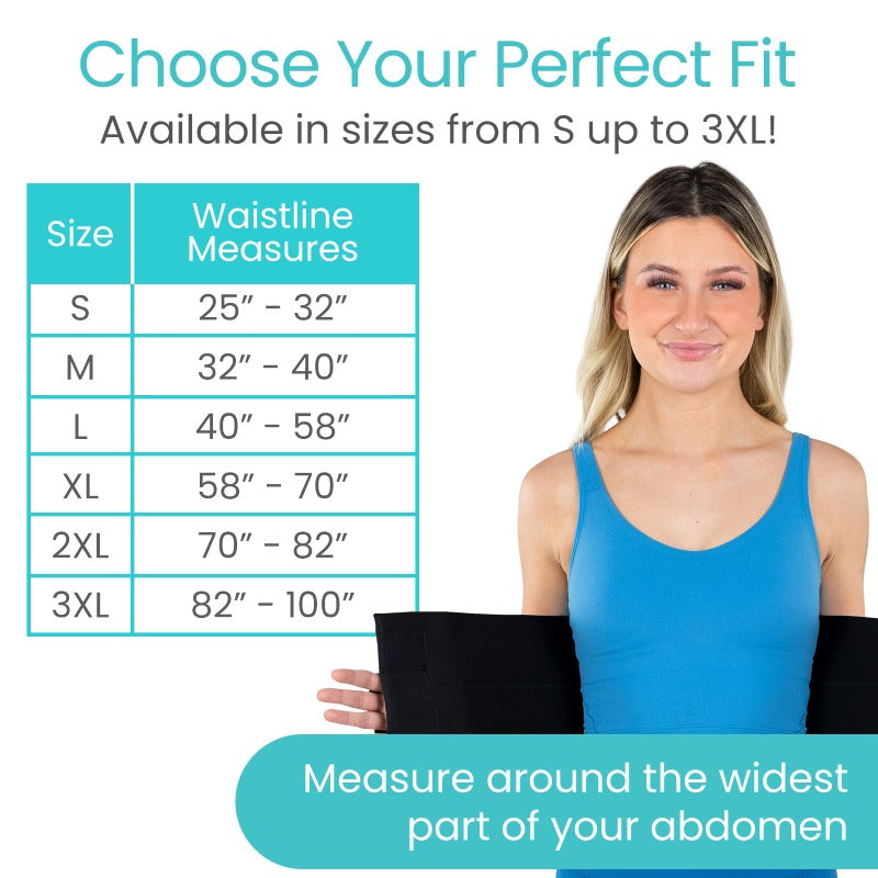 Size chart for waist measurements with a woman wearing a blue tank top and black compression garment.