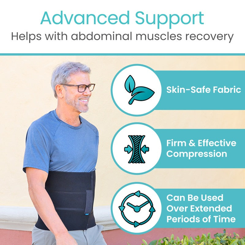 Man wearing an abdominal support brace with text highlighting features on a beige background