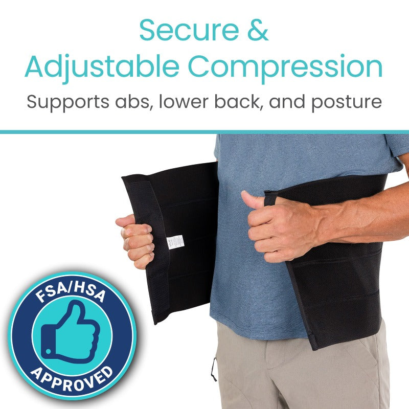 Person wearing a black compression support belt with text about secure and adjustable compression, FSA/HSA approval badge, and white background.