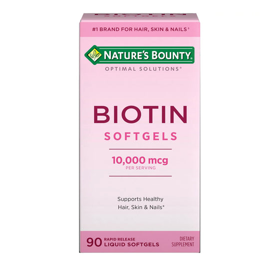 Box of Nature's Bounty Biotin Softgels on a white background