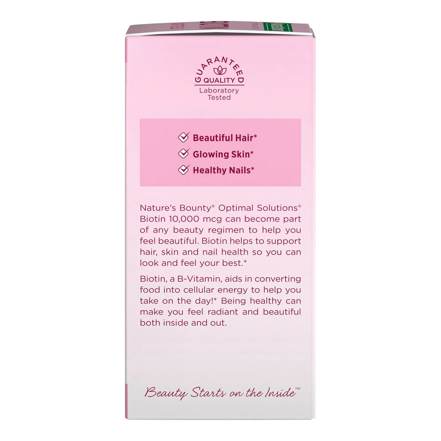 Pink box of Nature's Bounty Optimal Solutions with text on a white background