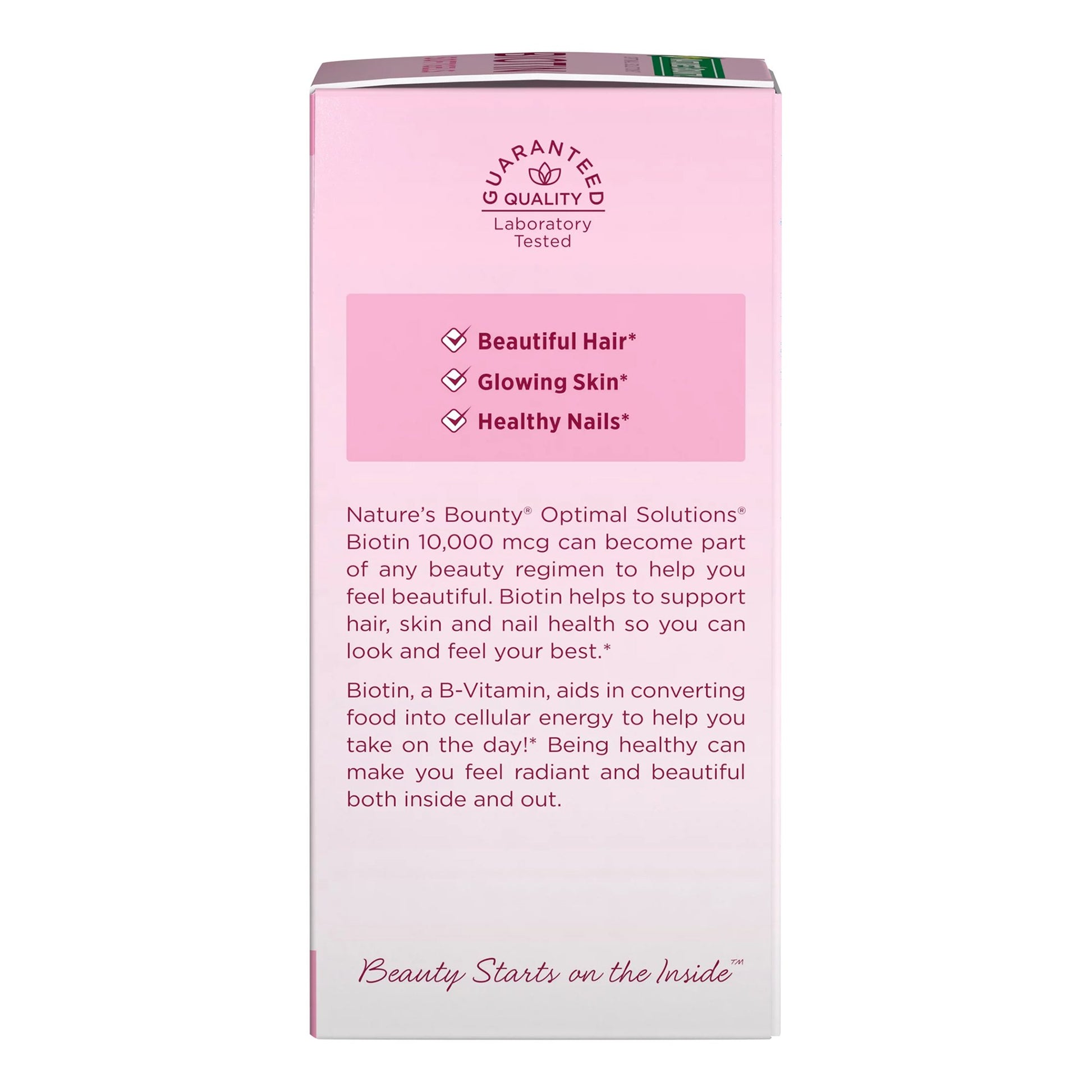 Pink box of Nature's Bounty Optimal Solutions with text on a white background