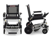 Two Zoomer electric wheelchairs on a white background