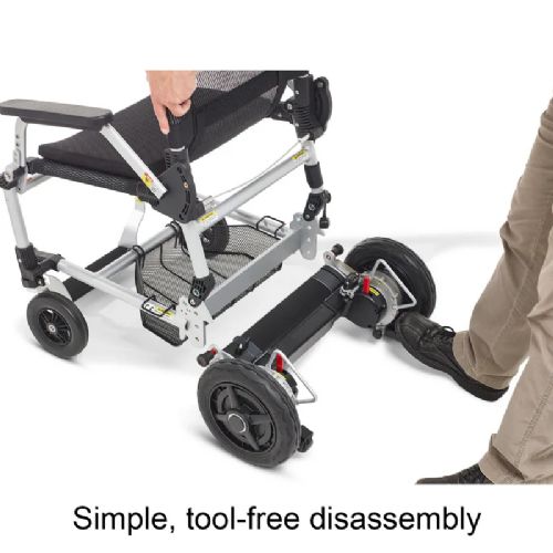Person using a tool-free disassembly feature on a mobility device.