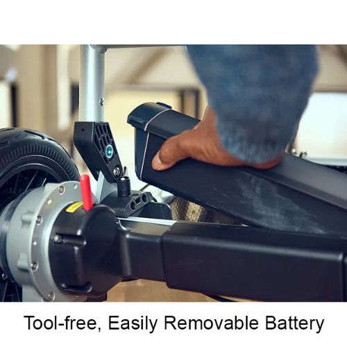 Person removing a battery from a piece of exercise equipment with text 'Tool-free, Easily Removable Battery'.