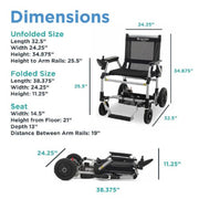 Dimensions of a folded and unfolded mobility scooter with measurements labeled.