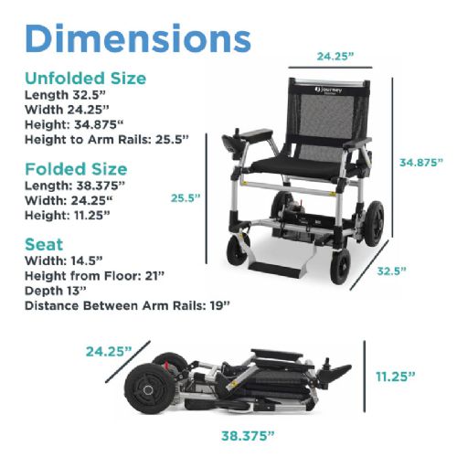 Dimensions of a folded and unfolded mobility scooter with measurements labeled.