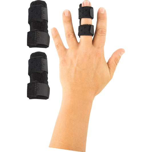 Black finger splint on a hand with additional splints on a white background