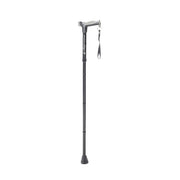 Black adjustable walking cane on a white background