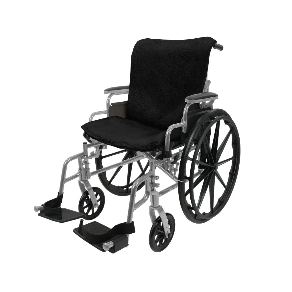 Wheelchair with black seat and wheels on a white background