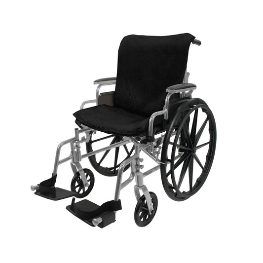 Wheelchair with black seat and wheels on a white background