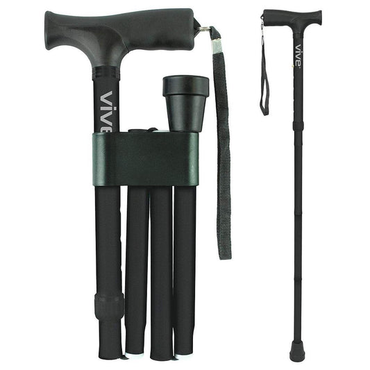 Black adjustable walking cane with a strap and 'Vive' branding on a white background