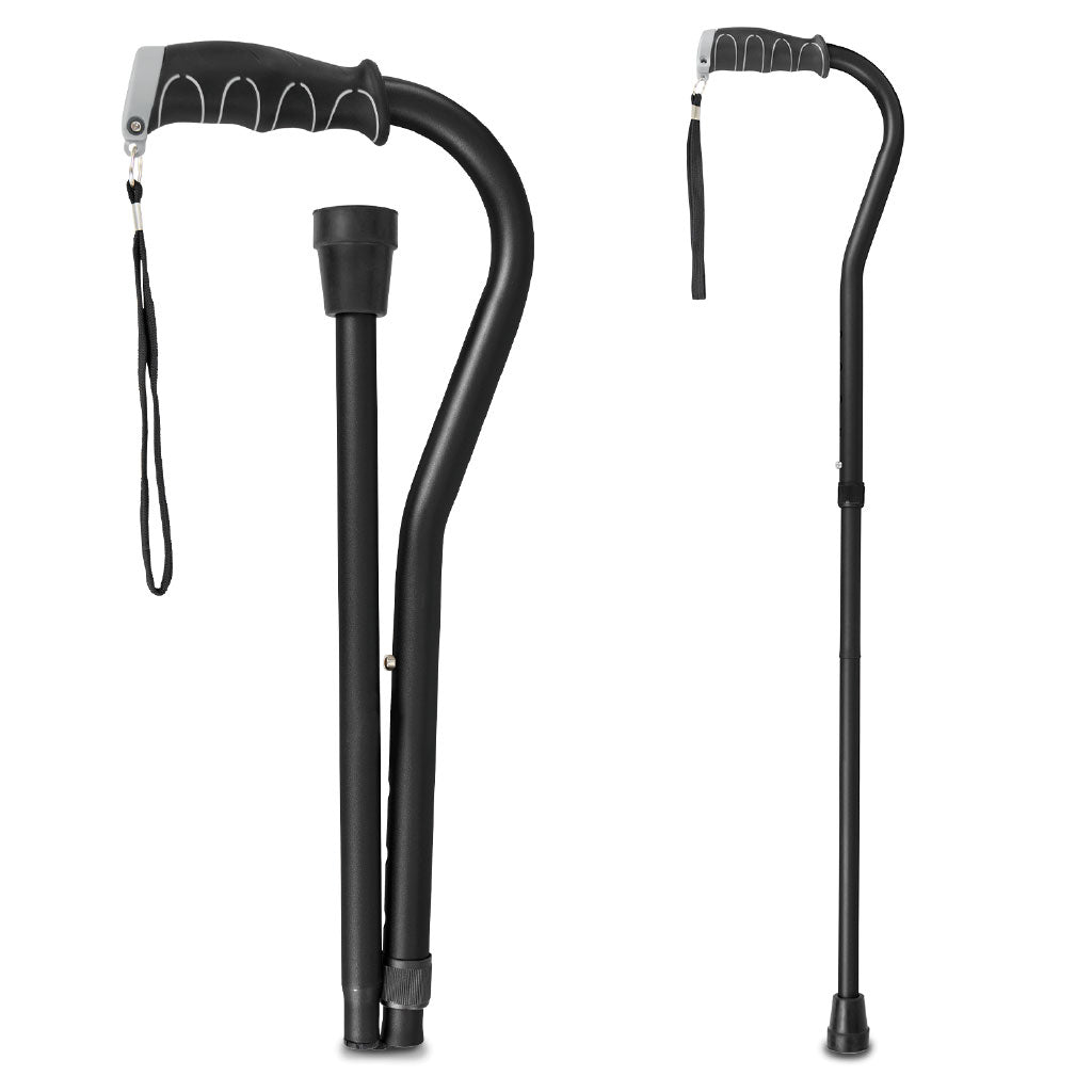 Black adjustable walking cane with handle on a white background