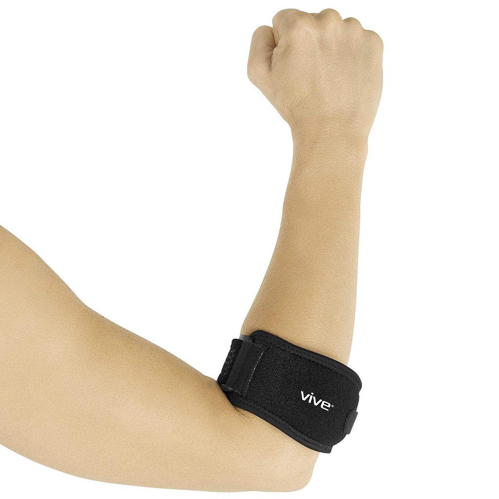 Black wrist support brace on a person's wrist with 'vive' branding against a white background