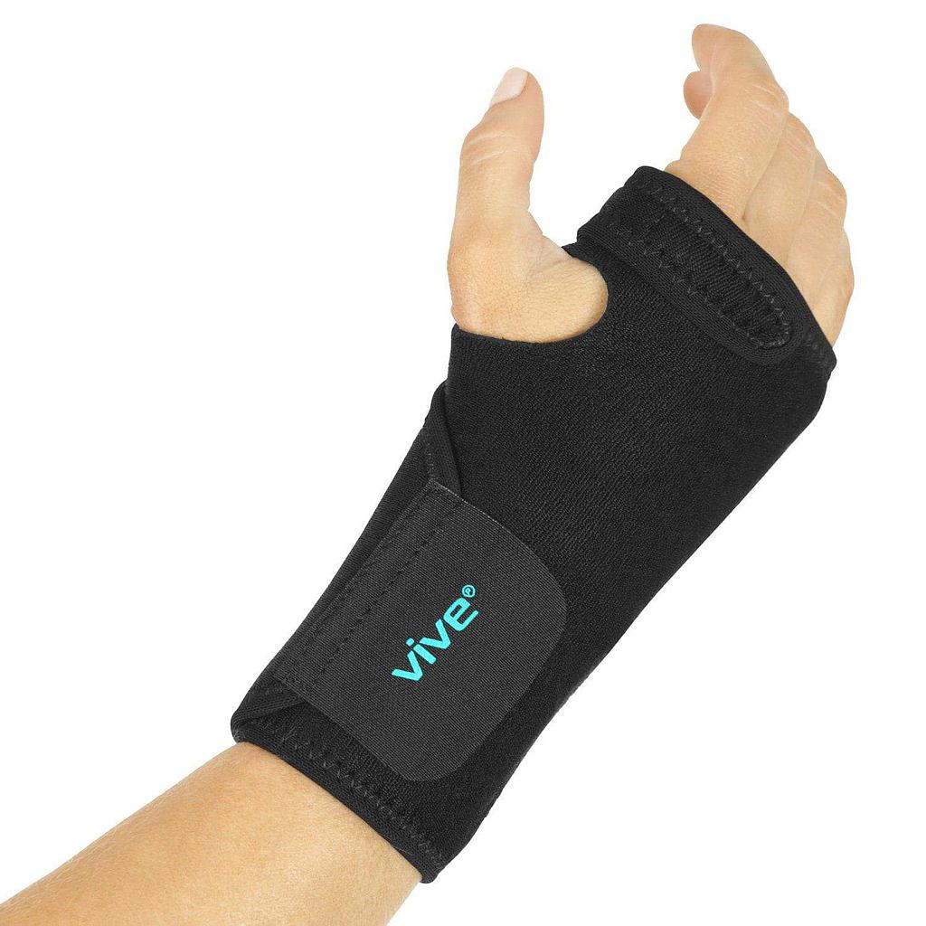 Black wrist support brace on a hand with 'Vive' branding, against a white background