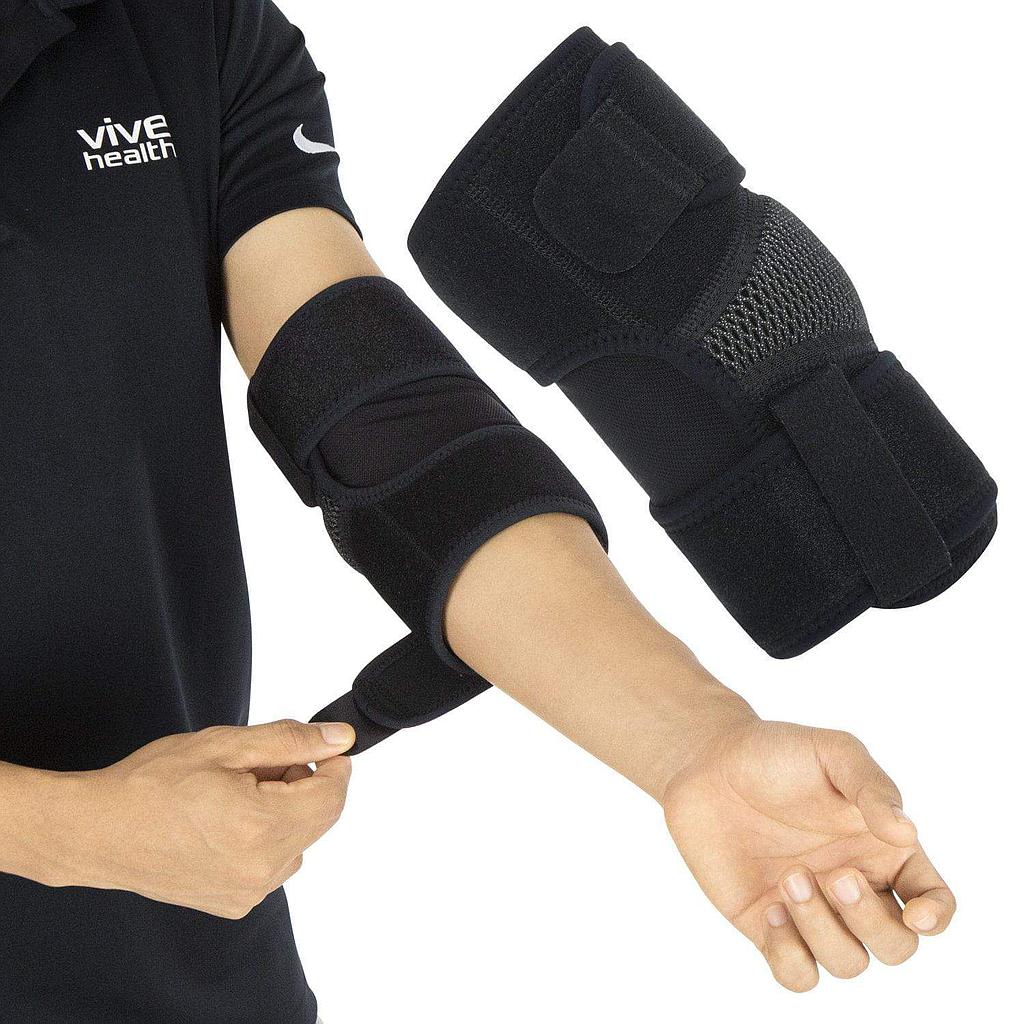 Person wearing black Vive health elbow supports on both arms.