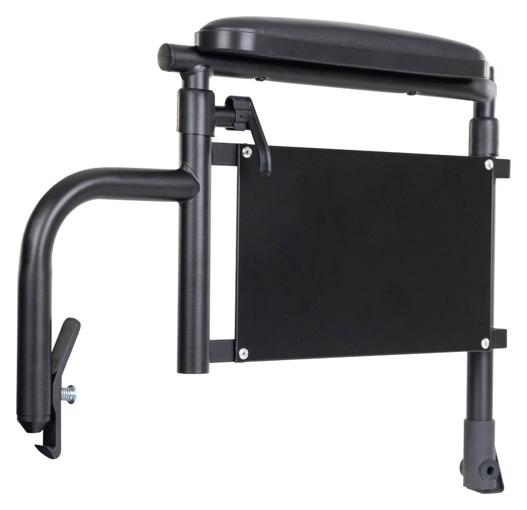 Black adjustable chair with armrest on a white background