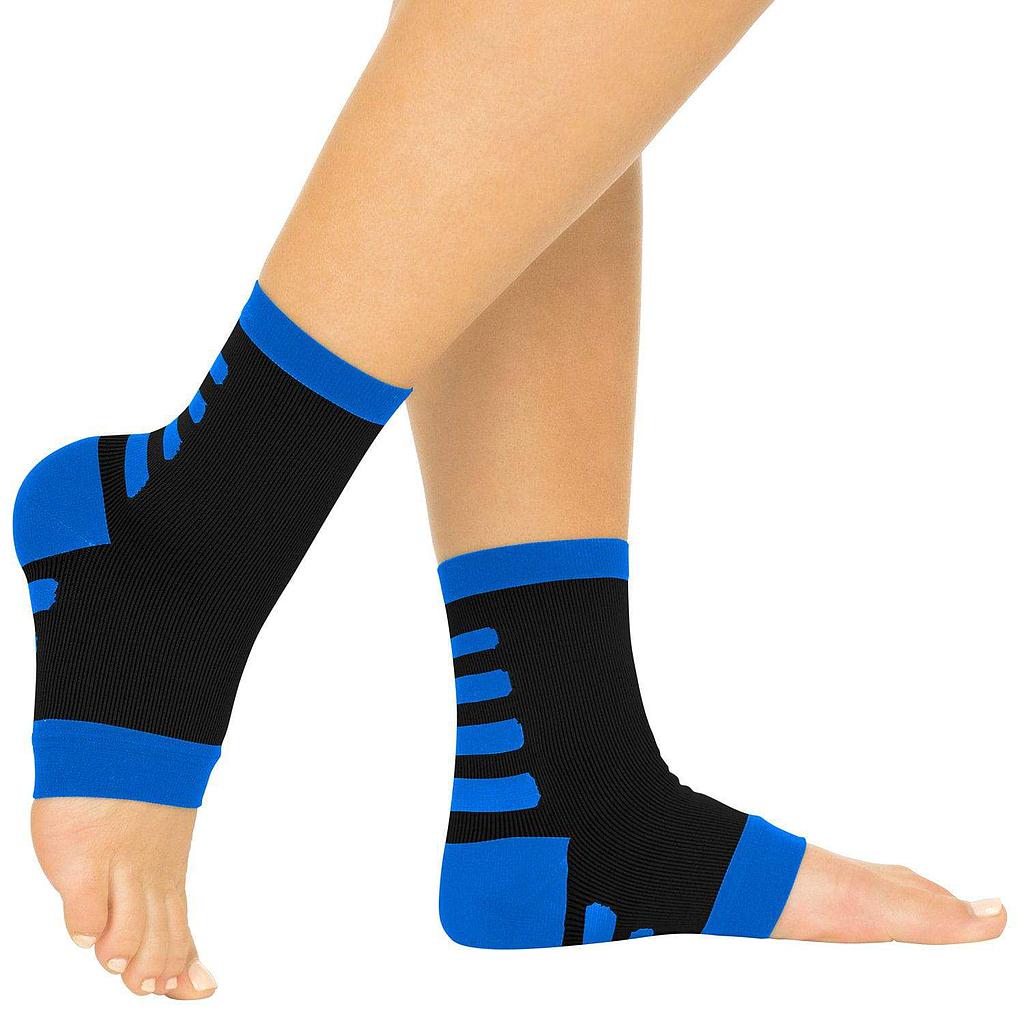 Black and blue compression ankle support on a white background