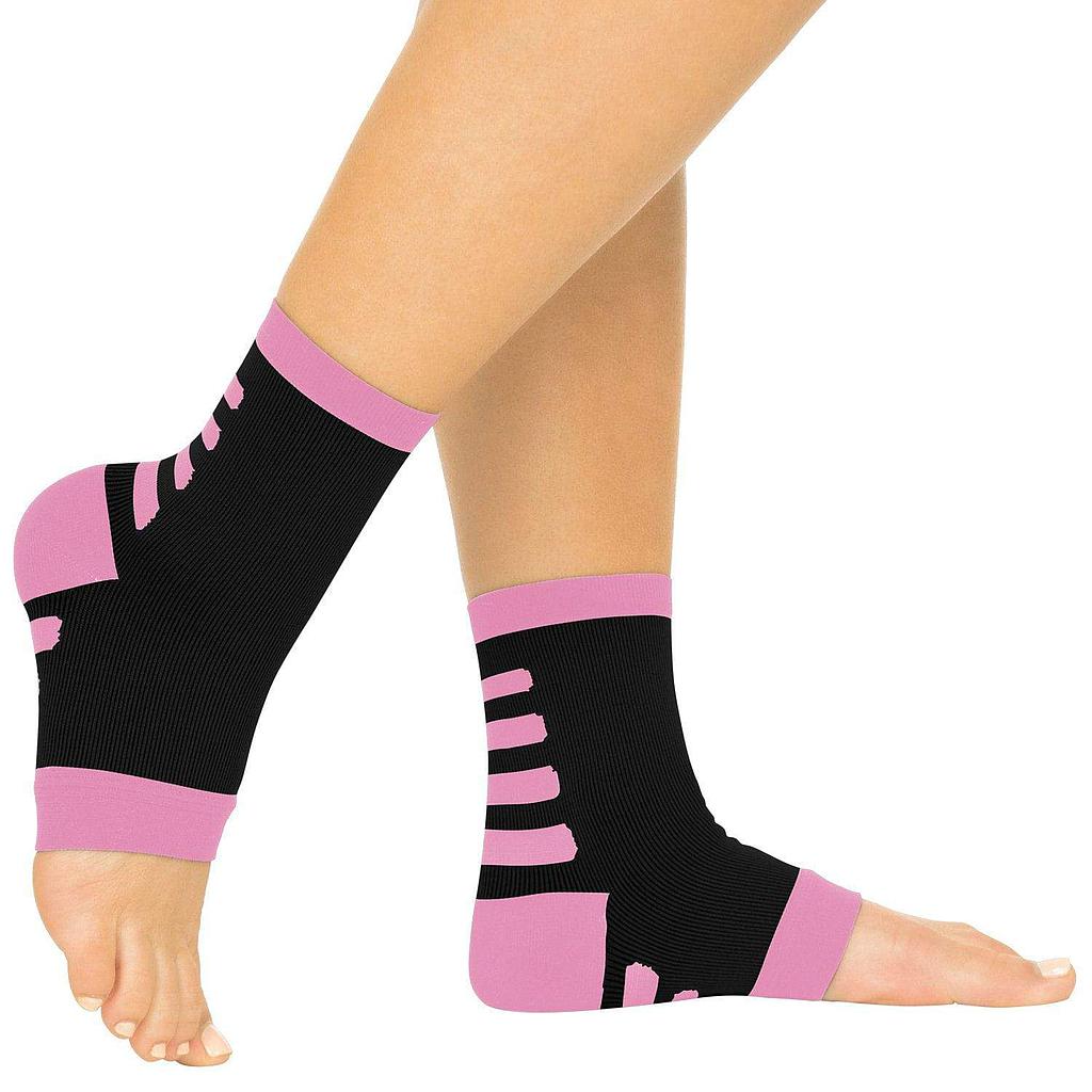Black and pink compression ankle support on a white background